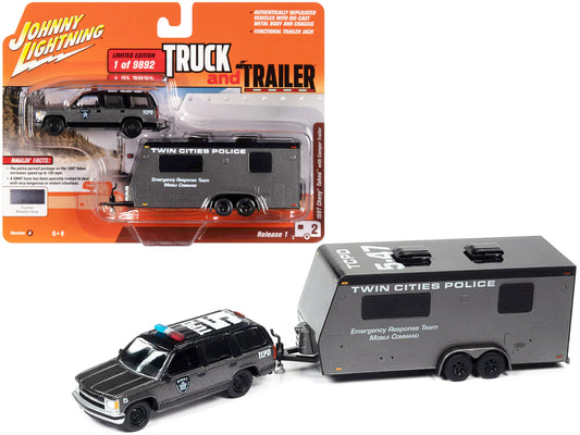 1997 Chevrolet Tahoe "SWAT" Custom Gray Metallic and Black with "Twin Cities Police" Camper Trailer Limited Edition to 9892 pieces Worldwide "Truck and Trailer" Series 1/64 Diecast Model Car