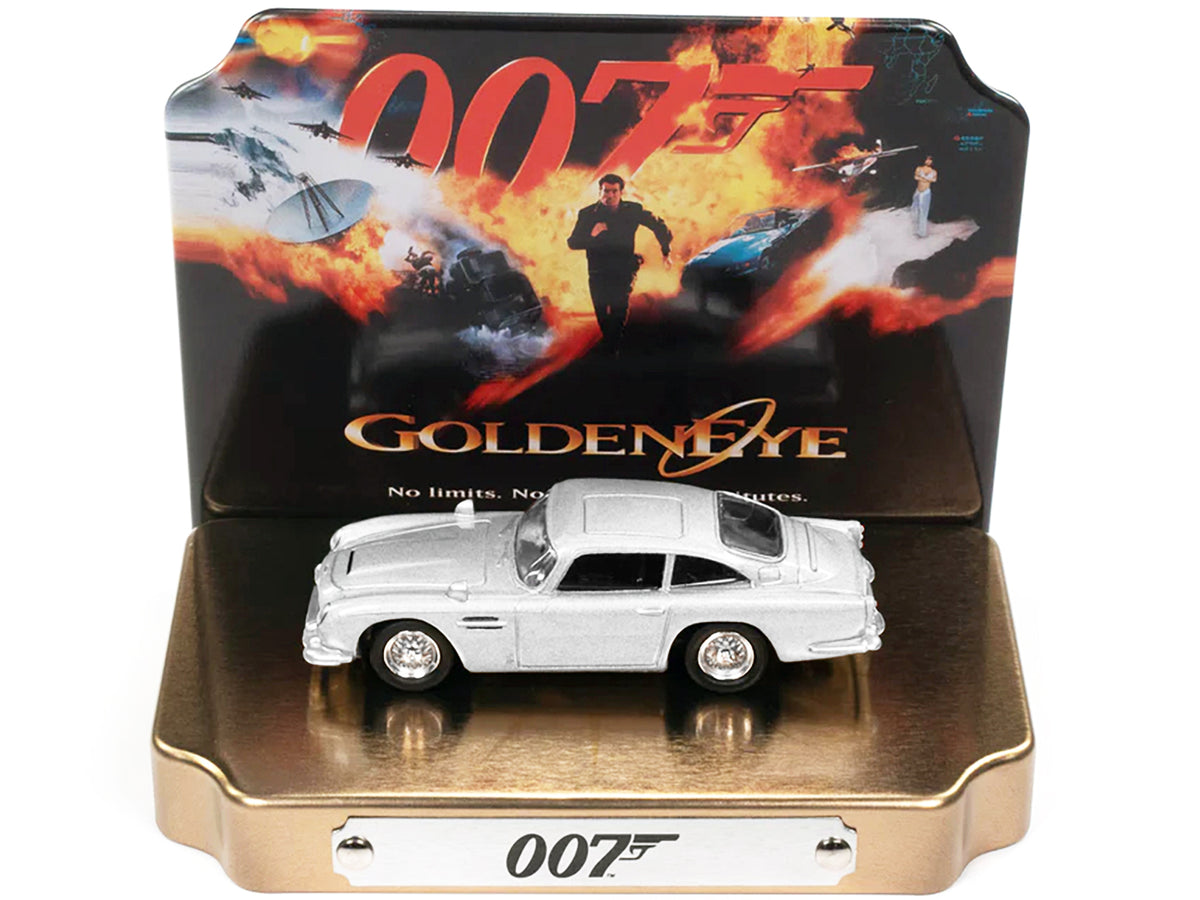 Aston Martin DB5 RHD (Right Hand Drive) Silver Metallic 007 (James Bond) "GoldenEye" (1995) Movie with Collectible Tin Display "Silver Screen Machines" Series 1/64 Diecast Model Car