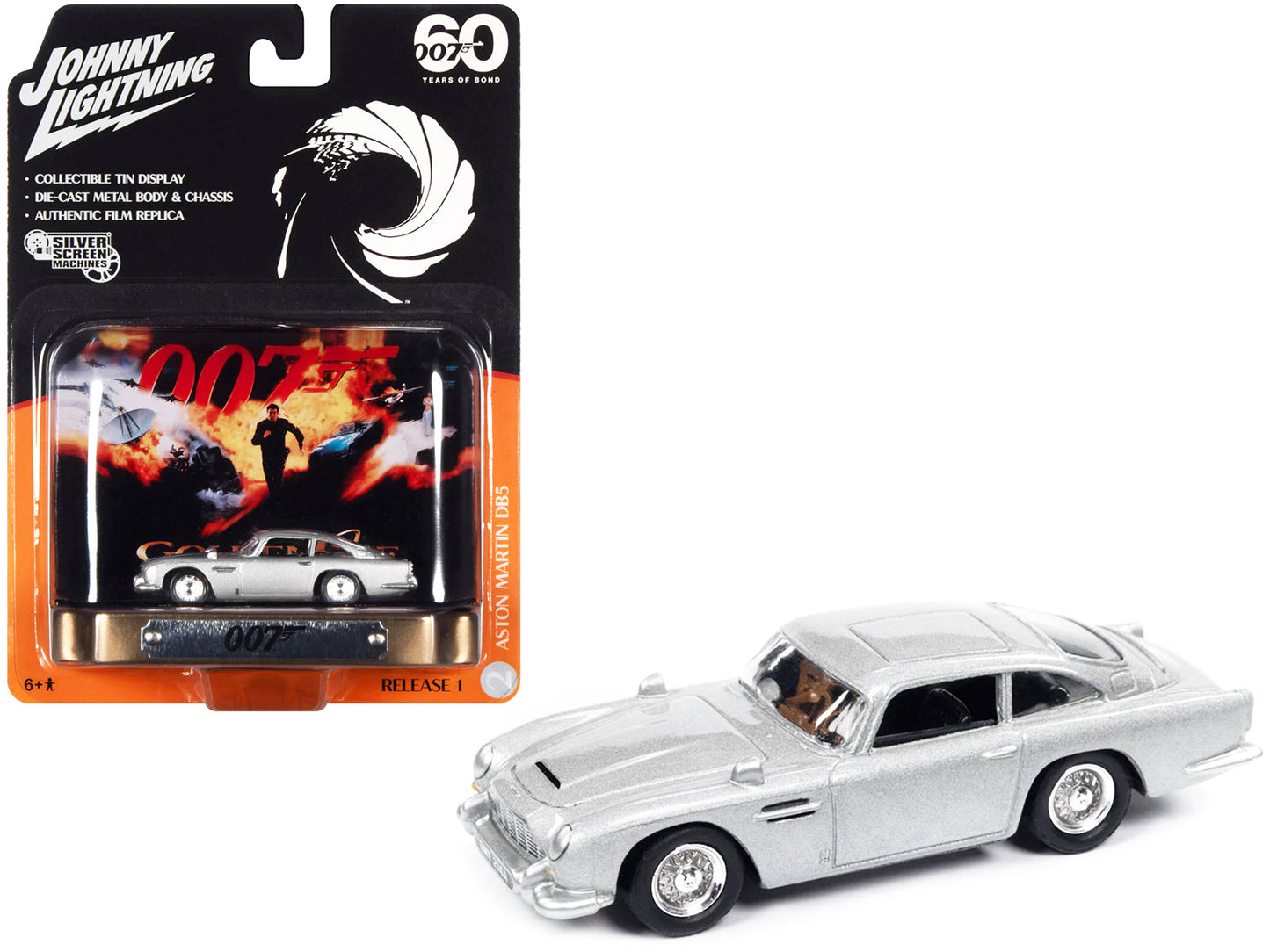 Aston Martin DB5 RHD (Right Hand Drive) Silver Metallic 007 (James Bond) "GoldenEye" (1995) Movie with Collectible Tin Display "Silver Screen Machines" Series 1/64 Diecast Model Car