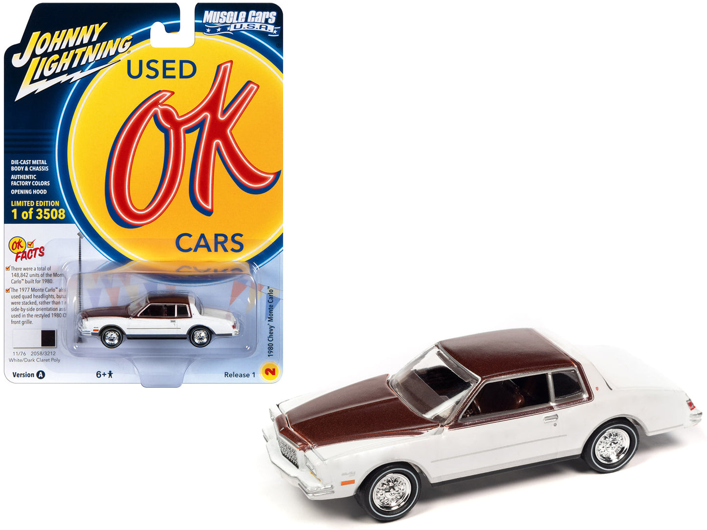 1980 Chevrolet Monte Carlo White and Dark Claret Brown Metallic Top and Hood Limited Edition to 3508 pieces Worldwide "OK Used Cars" 2023 Series 1/64 Diecast Model Car