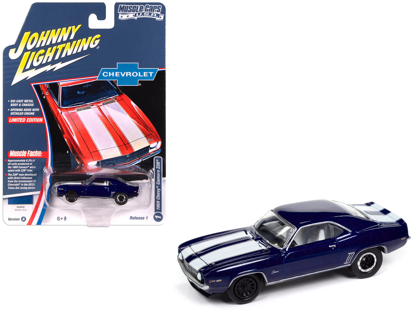 1969 Chevrolet Camaro Z28 Blue Metallic with White Stripes and Interior "Muscle Cars USA" Series 1/64 Diecast Model Car