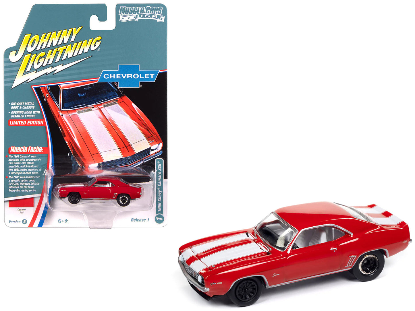 1969 Chevrolet Camaro Z28 Red with White Stripes and Interior "Muscle Cars USA" Series 1/64 Diecast Model Car
