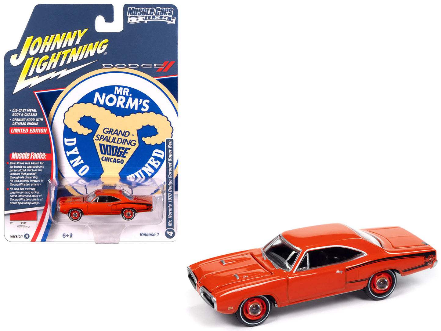 1970 Dodge Coronet Super Bee "Mr. Norm's" Hemi Orange with Black Stripes "Muscle Cars USA" Series 1/64 Diecast Model Car