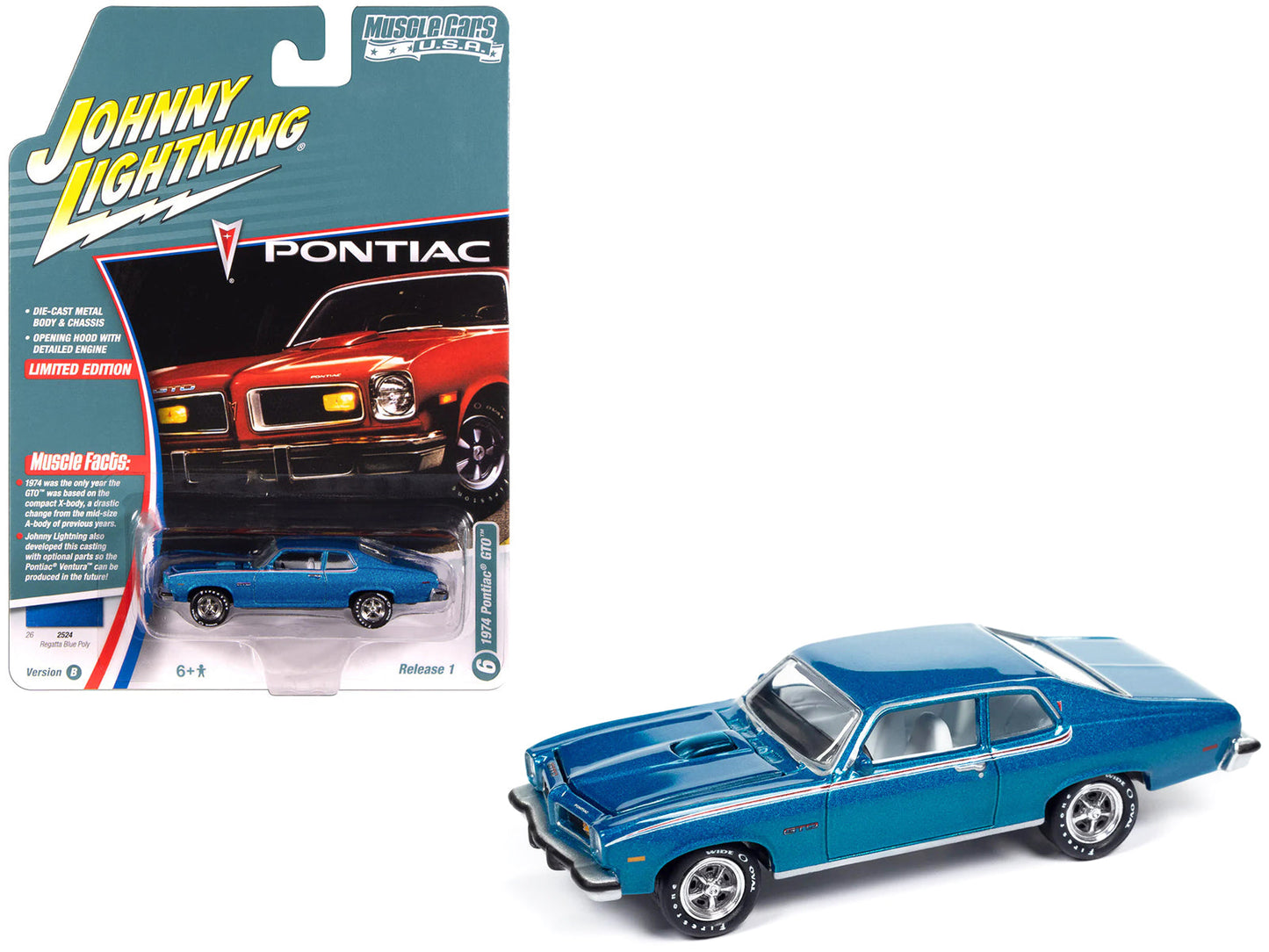 1974 Pontiac GTO Regatta Blue Metallic with White Interior "Muscle Cars USA" Series 1/64 Diecast Model Car