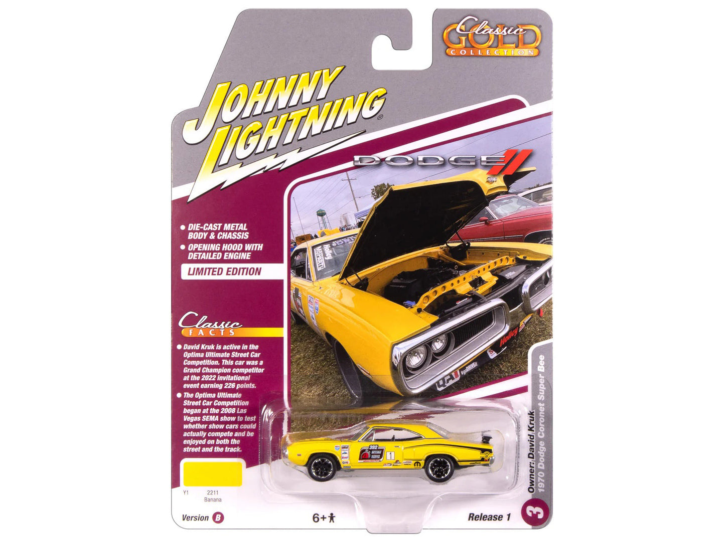 1970 Dodge Coronet Super Bee #1 "David Kruk" Banana Yellow with Black Stripes and Top "Classic Gold Collection" 1/64 Diecast Model Car