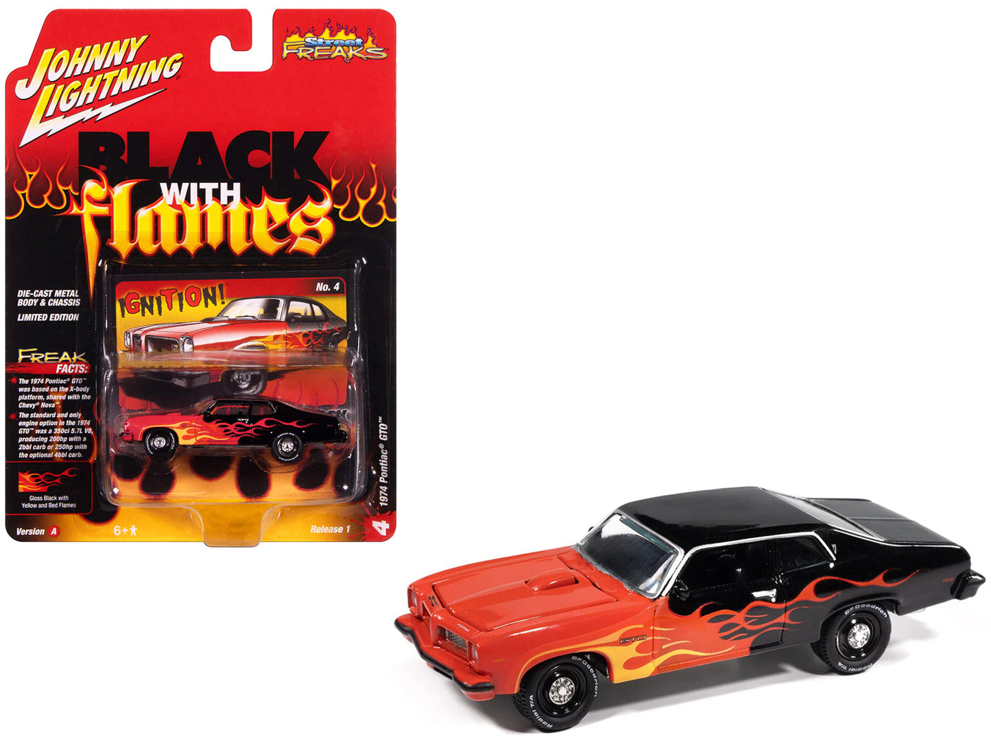 1974 Pontiac GTO Black and Red with Flame Graphics "Black with Flames" Series 1/64 Diecast Model Car