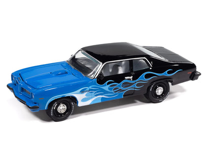 1974 Pontiac GTO Black and Blue with Blue Flame Graphics with White Interior "Black with Flames" Series 1/64 Diecast Model Car