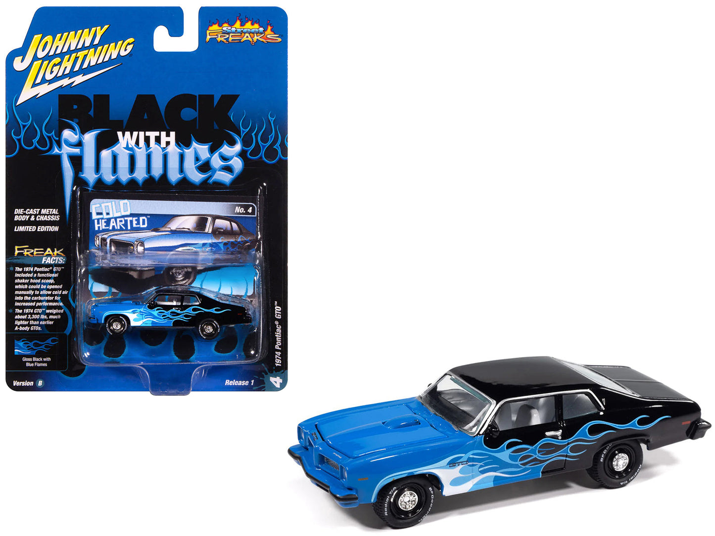 1974 Pontiac GTO Black and Blue with Blue Flame Graphics with White Interior "Black with Flames" Series 1/64 Diecast Model Car