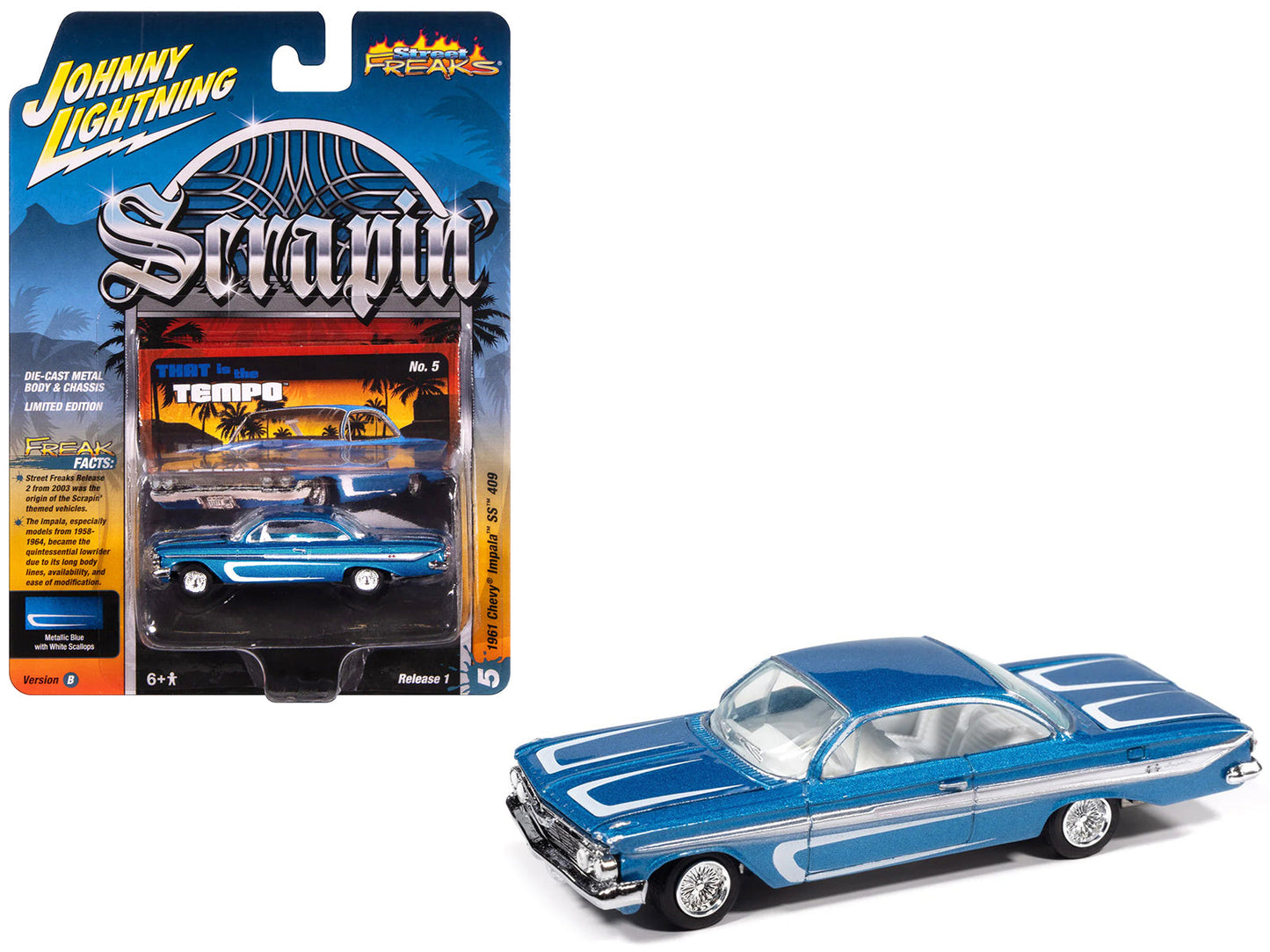 1961 Chevrolet Impala SS 409 Blue Metallic with White Stripes and Interior "Scrapin'" Series 1/64 Diecast Model Car