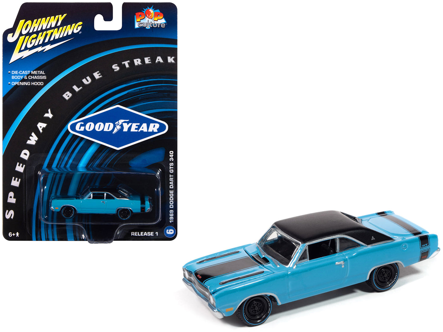 1969 Dodge Dart GTS 340 Blue with Black Top and Stripes "Goodyear Blue Streak" "Pop Culture" 2025 Release 1 1/64 Diecast Model Car