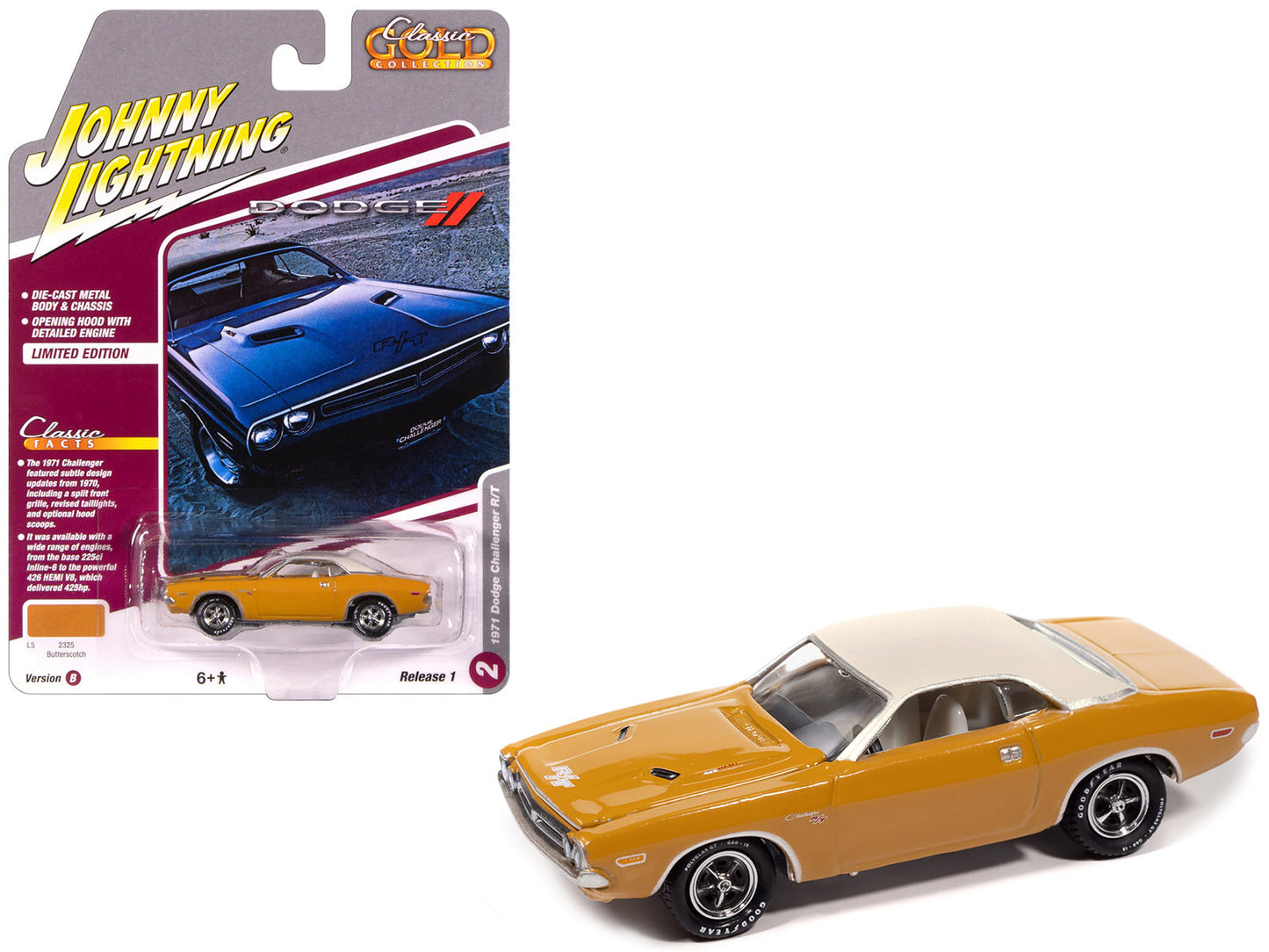 1971 Dodge Challenger R/T Butterscotch with White Top and Interior "Classic Gold Collection" 1/64 Diecast Model Car