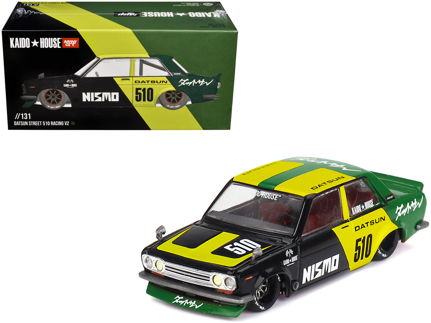 Datsun Street 510 "Racing V2" Black and Green with Yellow Accents (Designed by Jun Imai) "Kaido House" Special 1/64 Diecast Model Car