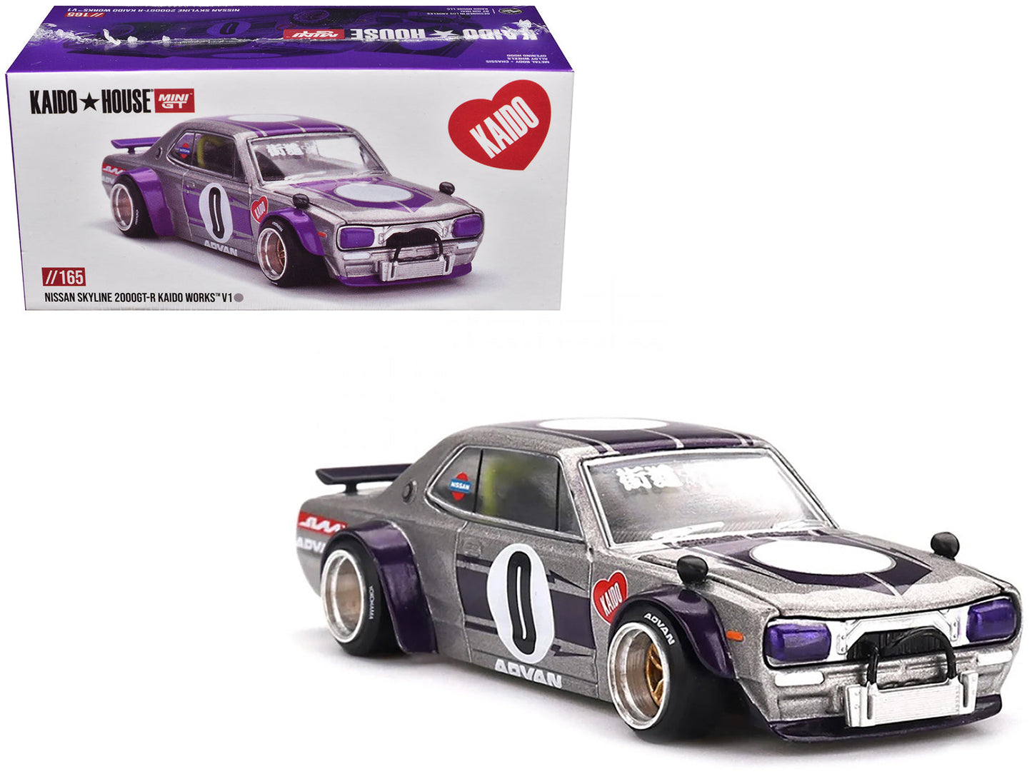 Nissan Skyline 2000GT-R (KPGC10) "Kaido Works V1" RHD (Right Hand Drive) #0 Silver Metallic with Purple Stripes (Designed by Jun Imai) "Kaido House" Special 1/64 Diecast Model Car