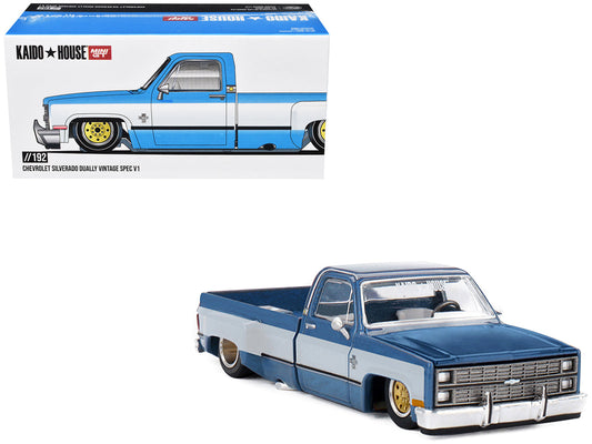 Chevrolet Silverado Dually Pickup Truck "Vintage Spec V1" Light Blue Metallic with White Sides and Interior (Designed by Jun Imai) "Kaido House" Special 1/64 Diecast Model Car