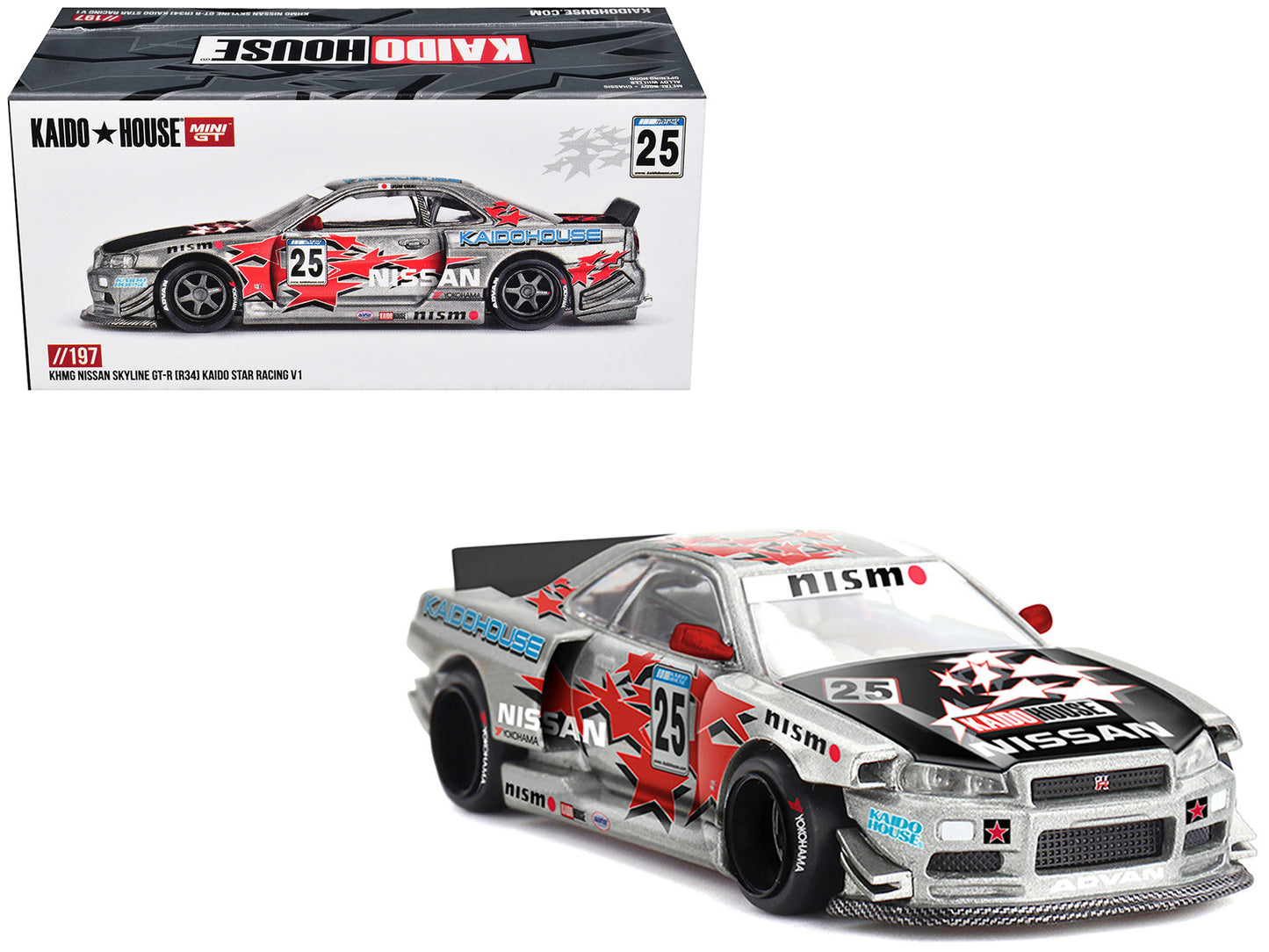 Nissan Skyline GT-R (R34) "Kaido Star Racing V1" RHD (Right Hand Drive) #25 Gray Metallic with Black Hood and Graphics (Designed