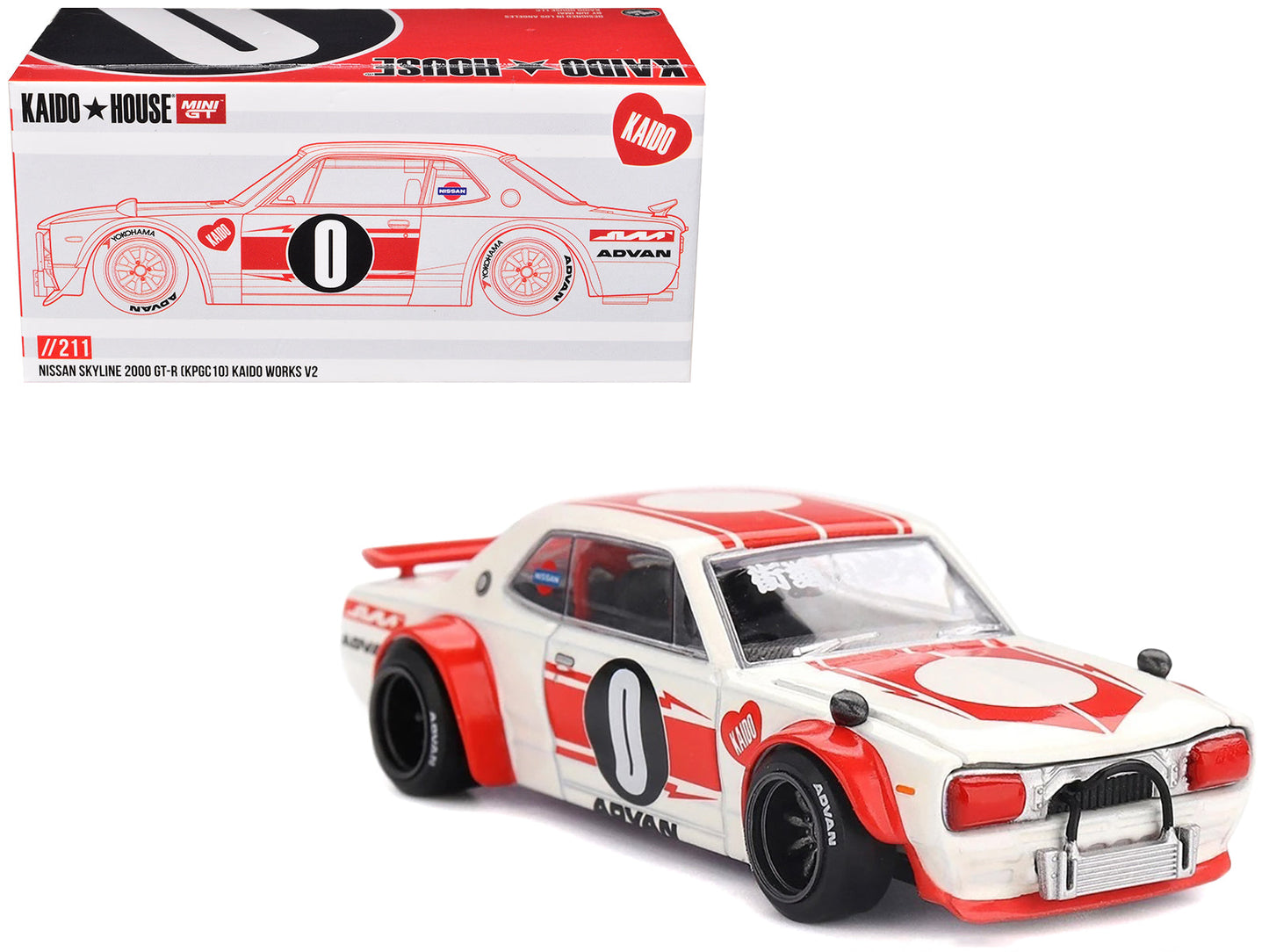 Nissan Skyline 2000GT-R (KPGC10) "Kaido Works V2" RHD (Right Hand Drive) White with Red Stripes (Designed by Jun Imai) "Kaido House" Special 1/64 Diecast Model Car