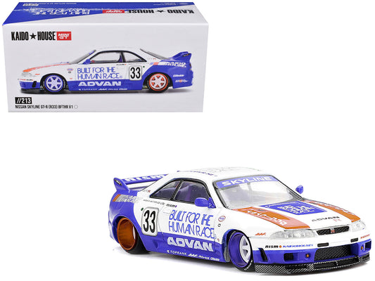 Nissan Skyline GT-R (R33) RHD (Right Hand Drive) #33 "BFTHR V1" Blue and White with Graphics (Designed by Jun Imai) "Kaido House" Special 1/64 Diecast Model Car
