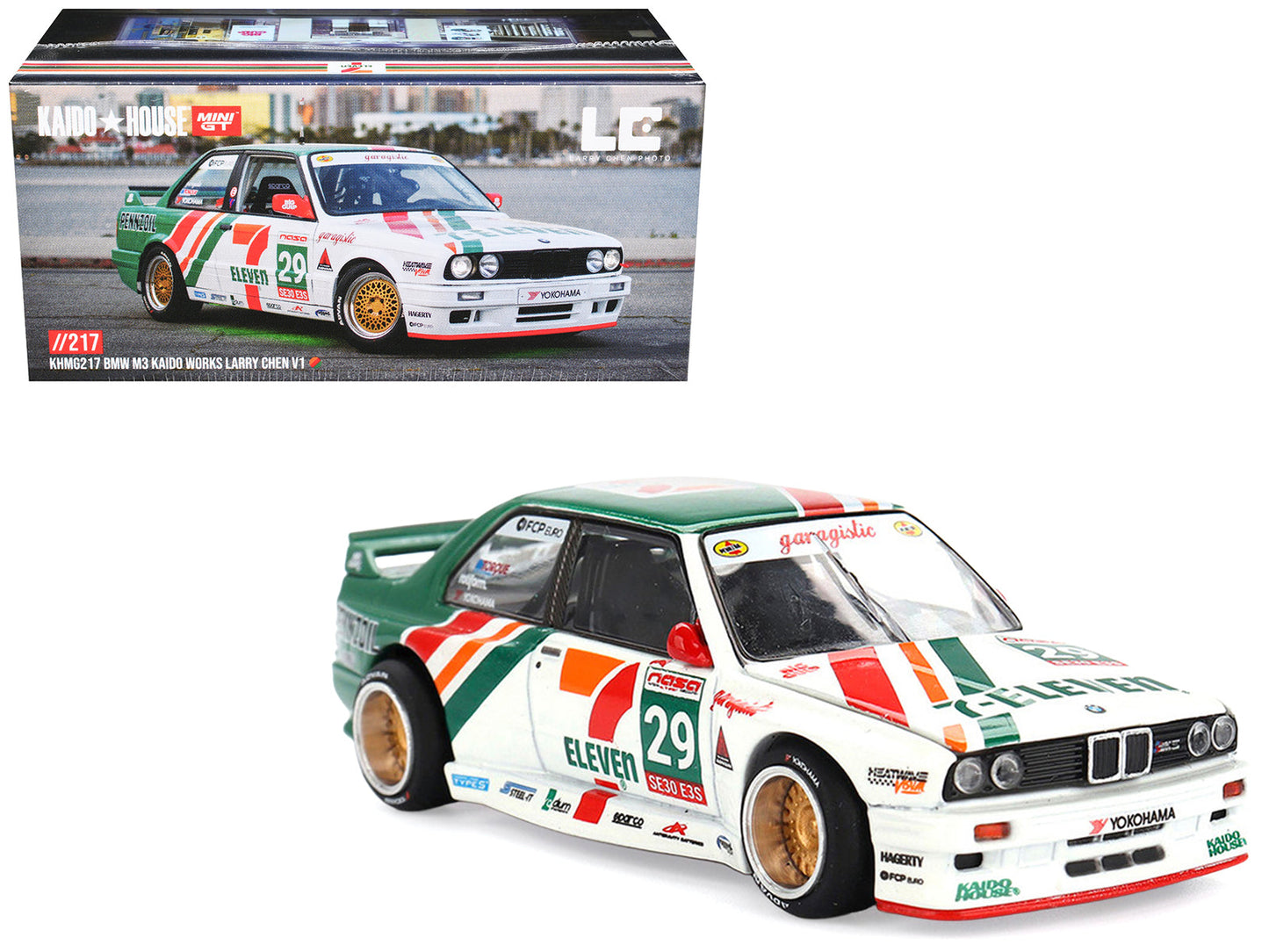 BMW M3 "Kaido Works Larry Chen V1" #29 "7-Eleven" White and Green with Graphics (Designed by Jun Imai) "Kaido House" Special 1/64 Diecast Model Car