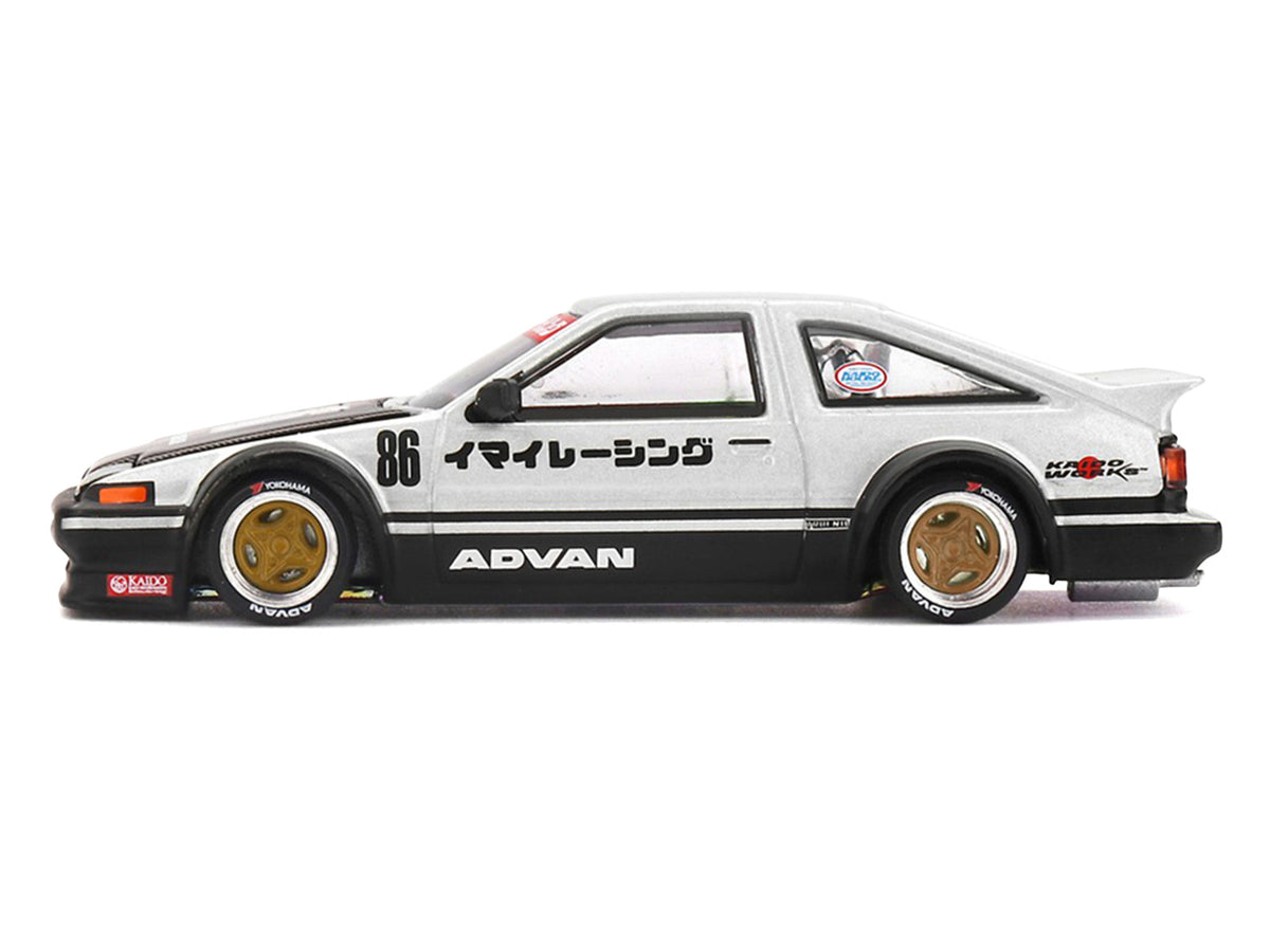 Toyota AE86 Sprinter Trueno RHD (Right Hand Drive) #86 "Kaido Street V2" Silver Metallic and Black with Carbon Hood and Graphics (Designed