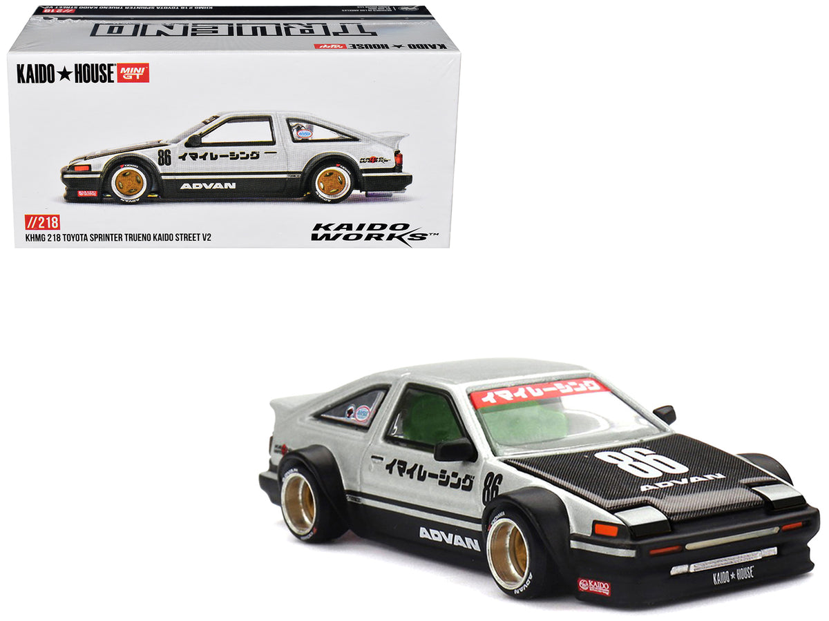 Toyota AE86 Sprinter Trueno RHD (Right Hand Drive) #86 "Kaido Street V2" Silver Metallic and Black with Carbon Hood and Graphics (Designed