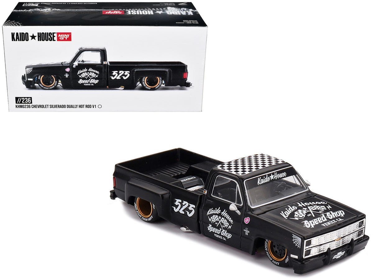Chevrolet Silverado Dually Pickup Truck "Hot Rod V1" Matt Black with Checkered Top and Graphics (Designed