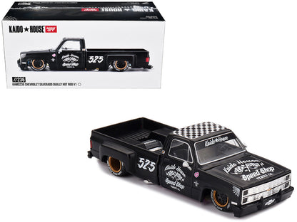 Chevrolet Silverado Dually Pickup Truck "Hot Rod V1" Matt Black with Checkered Top and Graphics (Designed