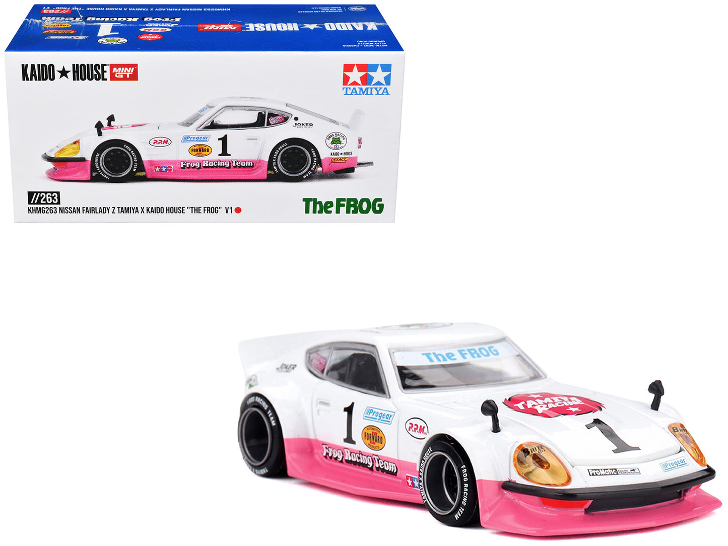 Nissan Fairlady Z RHD (Right Hand Drive) #1 "Tamiya Racing - Frog Racing Team" White and Pink (Designed