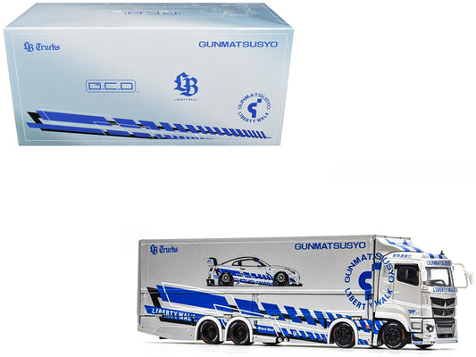 Mitsubishi Fuso Super Great Transporter RHD (Right Hand Drive) "LB-Trucks - Gunmatsusyo" Silver Metallic with Blue Graphics "Tokyo Auto Salon (TAS) 2026 Exclusive" 1/64 Diecast Model