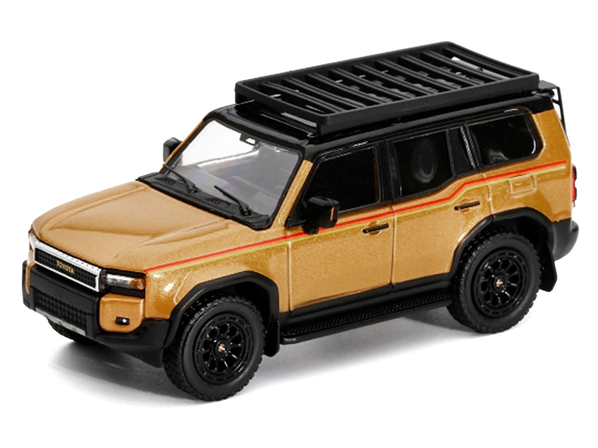 2024 Toyota Land Cruiser Prado Gold Metallic with Red Stripes and Roof Rack 1/64 Diecast Model Car