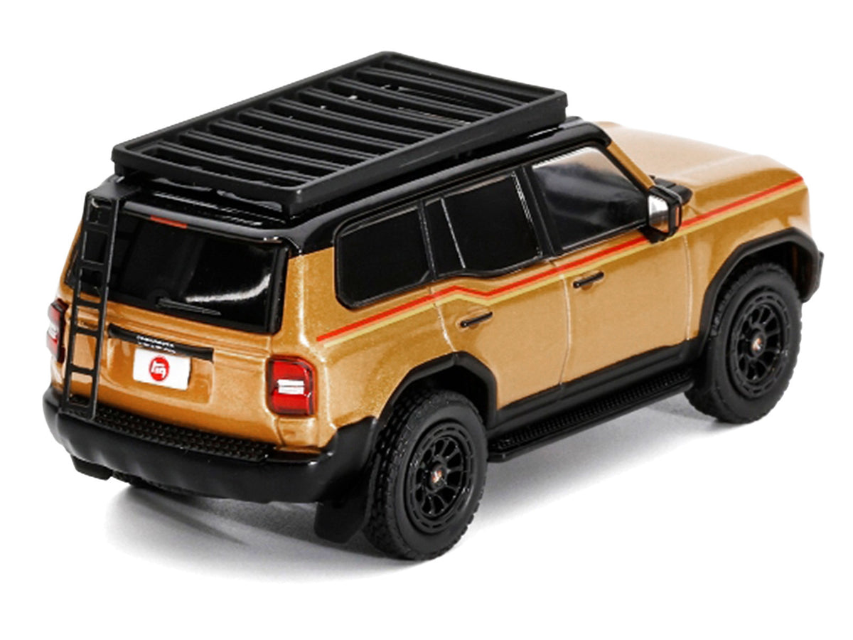 2024 Toyota Land Cruiser Prado Gold Metallic with Red Stripes and Roof Rack 1/64 Diecast Model Car
