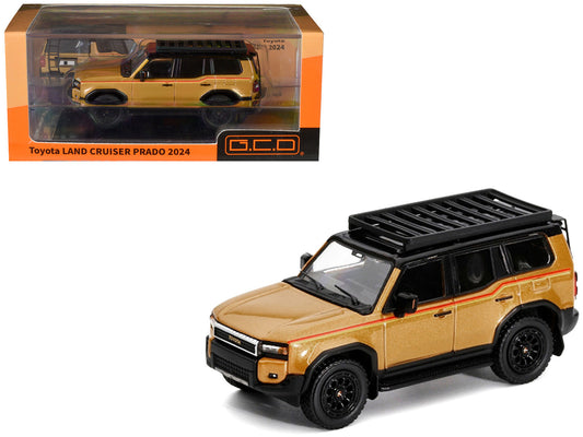 2024 Toyota Land Cruiser Prado Gold Metallic with Red Stripes and Roof Rack 1/64 Diecast Model Car