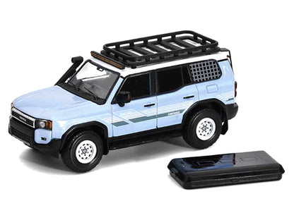 2024 Toyota Land Cruiser Prado Light Blue with White Top and Stripes with Roof Rack and Accessory 1/64 Diecast Model Car