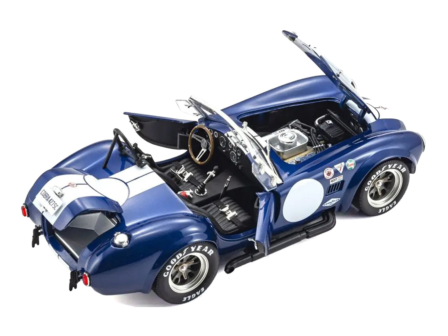 Shelby Cobra 427 S/C Blue with White Stripes and Race Graphics 1/18 Diecast Model Car