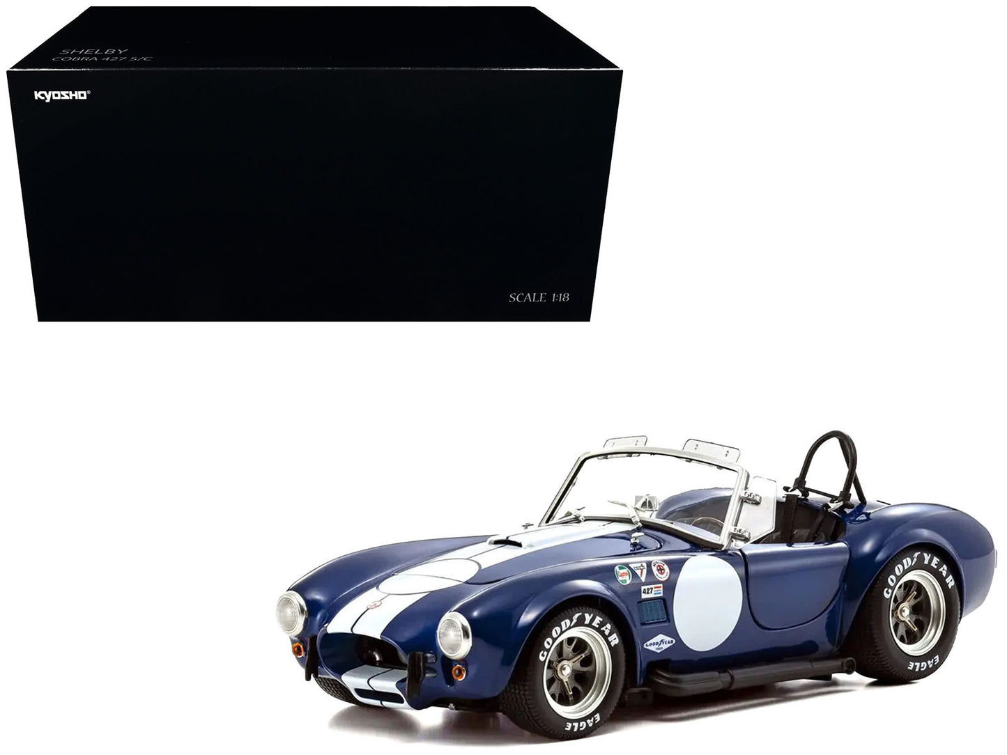 Shelby Cobra 427 S/C Blue with White Stripes and Race Graphics 1/18 Diecast Model Car