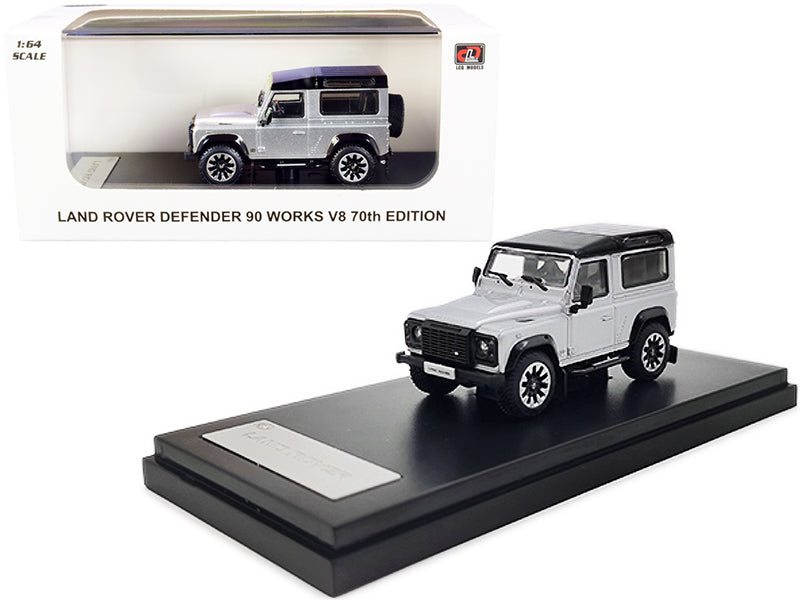Land Rover Defender 90 Works V8 Silver Metallic with Black Top "70th Edition" 1/64 Diecast Model Car