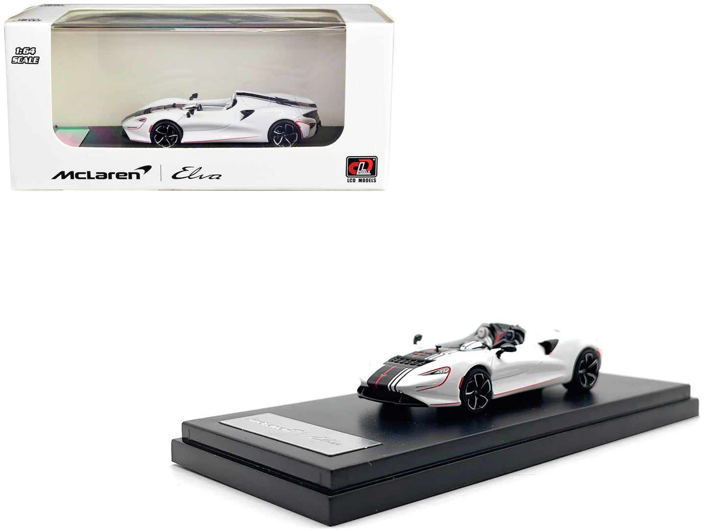 McLaren Elva Convertible White with Carbon and Red Stripes 1/64 Diecast Model Car