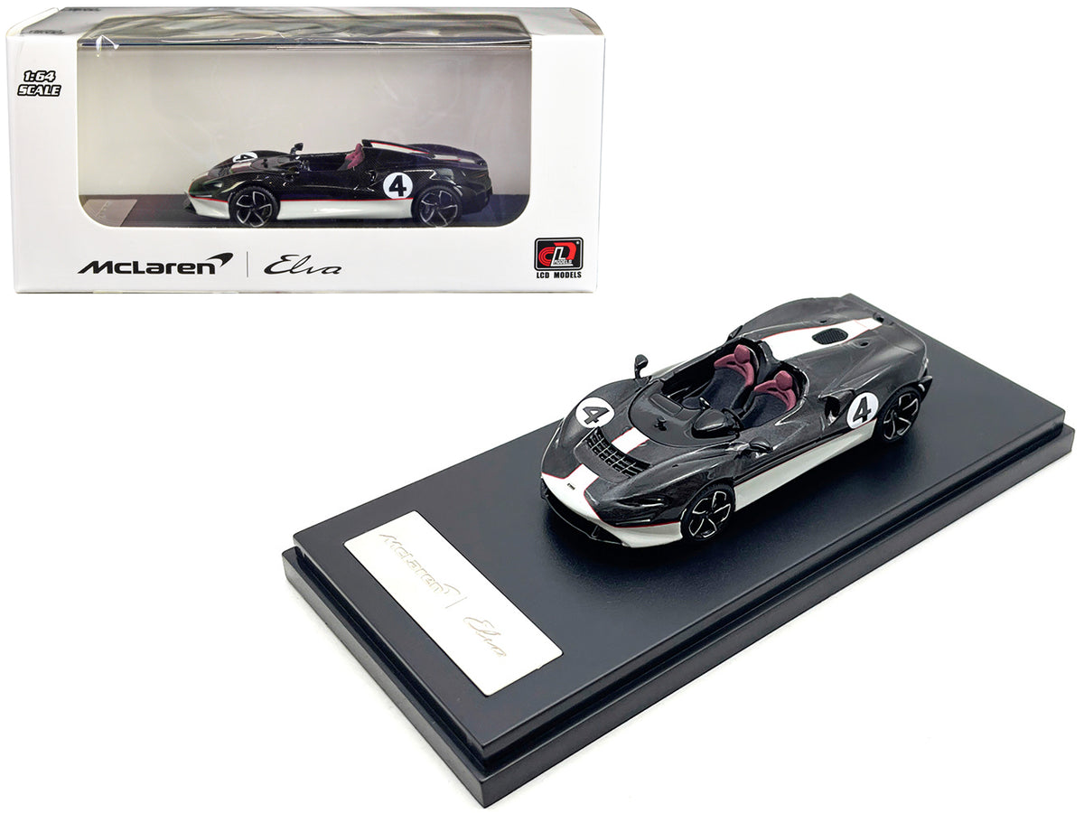 McLaren Elva Convertible #4 Carbon Black with White and Red Stripes 1/64 Diecast Model Car
