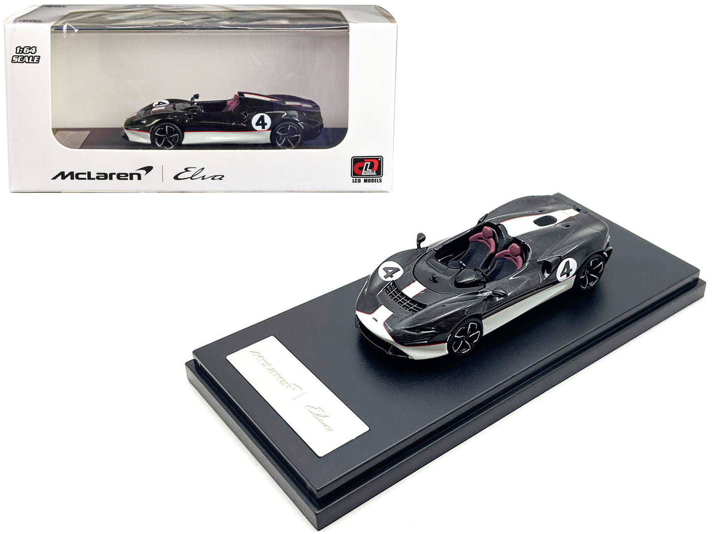 McLaren Elva Convertible #4 Carbon Black with White and Red Stripes 1/64 Diecast Model Car