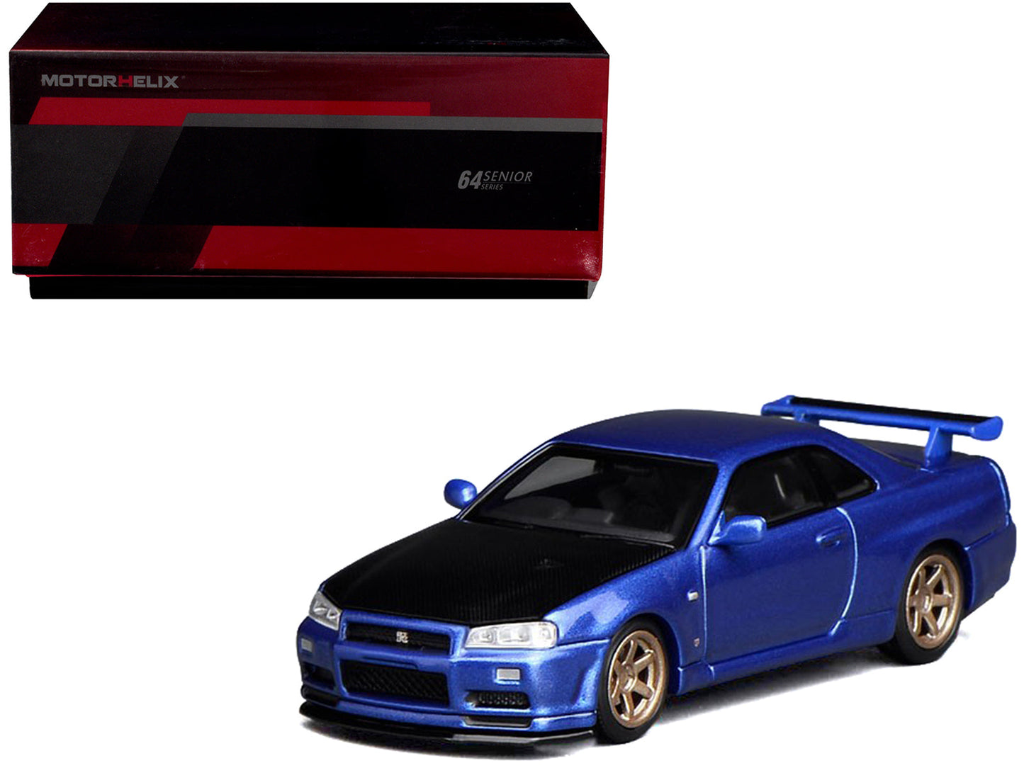 Nissan Skyline GT-R (R34) V-Spec II RHD (Right Hand Drive) Bayside Blue Metallic with Carbon Hood "Senior 64" Series 1/64 Diecast Model Car