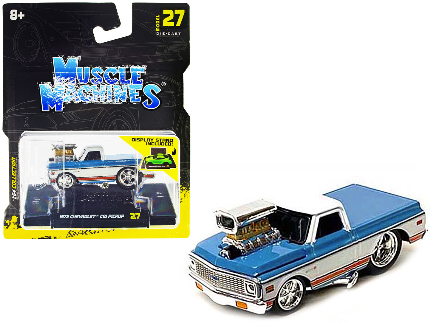 1972 Chevrolet C10 Pickup Truck Blue and White with Stripes 1/64 Diecast Model Car