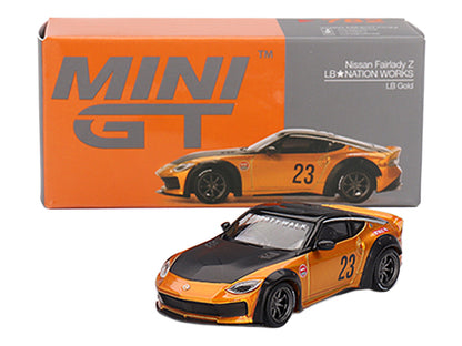 Nissan Fairlady Z #23 "LB-NATION WORKS" LB Gold Metallic with Matt Black Hood and Black Top Limited Edition 1/64 Diecast Model Car