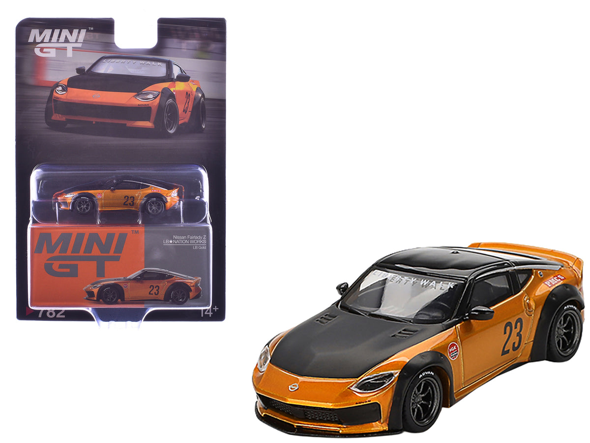 Nissan Fairlady Z #23 "LB-NATION WORKS" LB Gold Metallic with Matt Black Hood and Black Top Limited Edition 1/64 Diecast Model Car