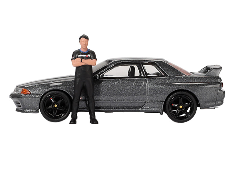 Nissan Skyline GT-R (R32) RHD (Right Hand Drive) Gunmetal Gray Metallic with Tsugio Matsuda Figure Limited Edition 1/64 Diecast Model Car