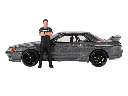 Nissan Skyline GT-R (R32) RHD (Right Hand Drive) Gunmetal Gray Metallic with Tsugio Matsuda Figure Limited Edition 1/64 Diecast Model Car
