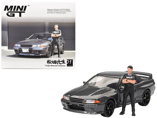 Nissan Skyline GT-R (R32) RHD (Right Hand Drive) Gunmetal Gray Metallic with Tsugio Matsuda Figure Limited Edition 1/64 Diecast Model Car