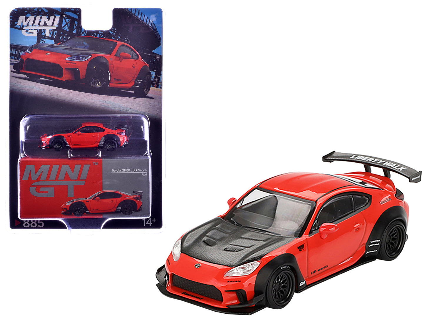 Toyota GR86 "LB-Nation - Liberty Walk" Red with Carbon Hood Limited Edition 1/64 Diecast Model Car