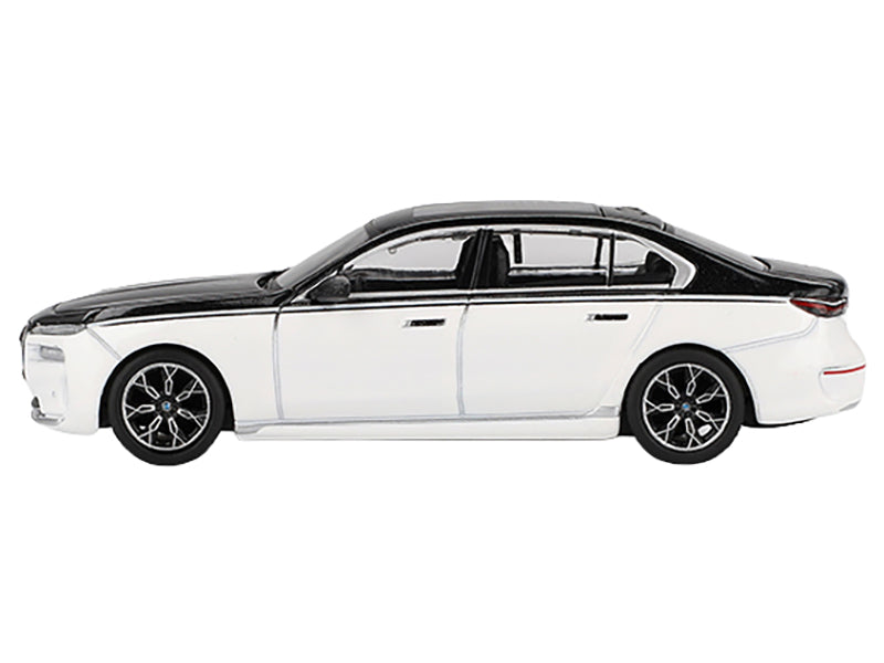 BMW i7 xDrive60 Dravit Alpine White and Black Sapphire Limited Edition 1/64 Diecast Model Car