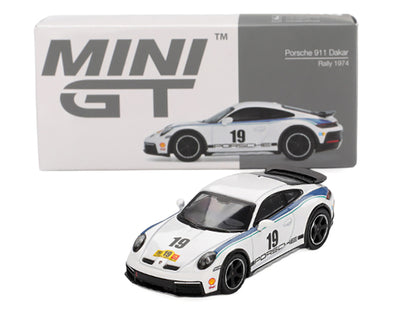 Porsche 911 Dakar #19 "Rally 1974" Tribute Livery White with Blue Stripes Limited Edition 1/64 Diecast Model Car