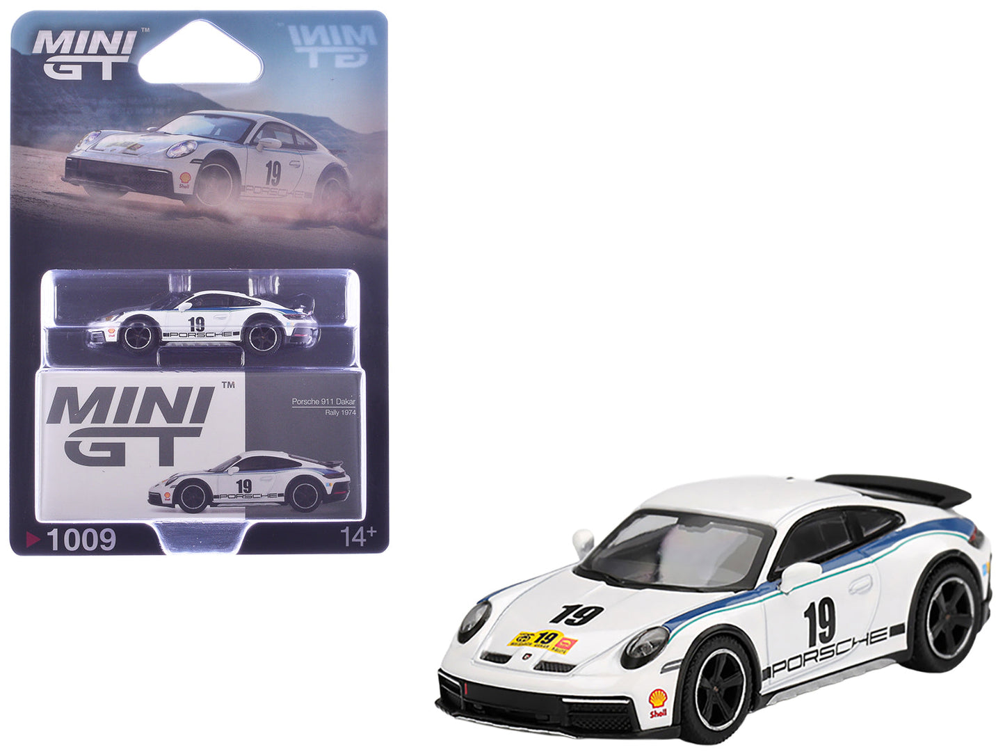 Porsche 911 Dakar #19 "Rally 1974" Tribute Livery White with Blue Stripes Limited Edition 1/64 Diecast Model Car