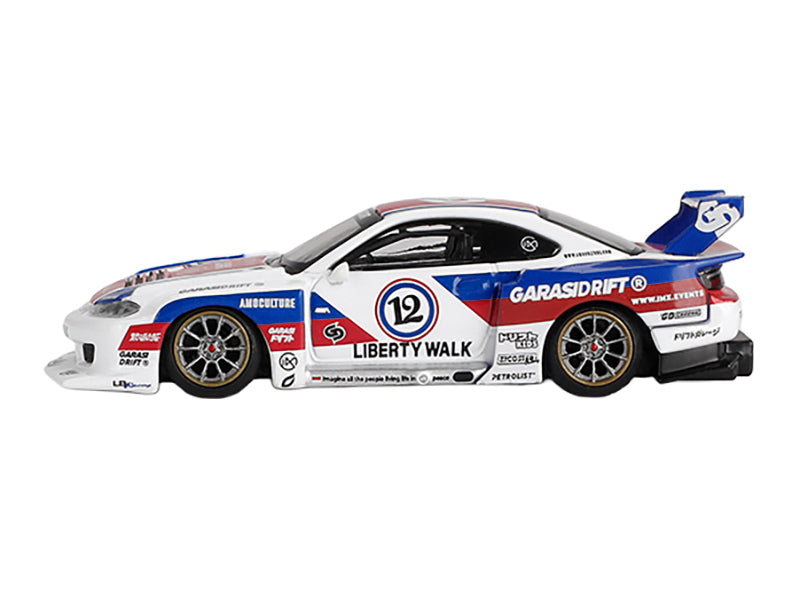 Nissan "LB-Super Silhouette" S15 SILVIA RHD (Right Hand Drive) "GARASIDRIFT x LBWK 2025" White with Blue and Red Stripes Limited Edition 1/64 Diecast Model Car